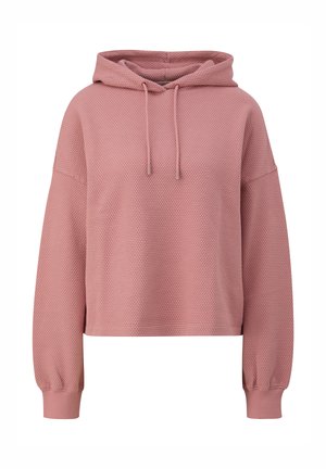 Kapućna majica u mekoj ružičastoj boji s teksturiranim uzorkom saća, skraćeni dizajn i rebrasti rukavi. Ima vezice na izrezu.