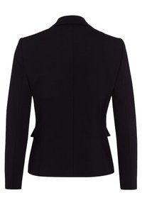 Black tailored blazer with long sleeves, notched collar, and peplum detail at the back. Smooth texture and structured design.