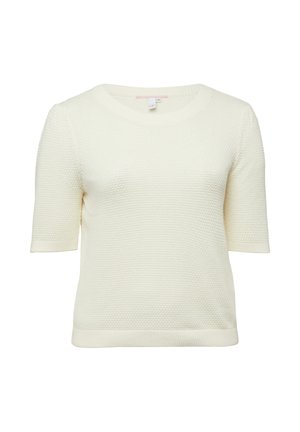 Cremefarbener, strukturierter Strickpullover mit kurzen Ärmeln, Rundhalsausschnitt sowie geripptem Saum und Ärmelbündchen.