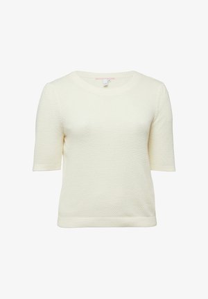 Cremefarbener, strukturierter Strickpullover mit kurzen Ärmeln, Rundhalsausschnitt sowie geripptem Saum und Ärmelbündchen.