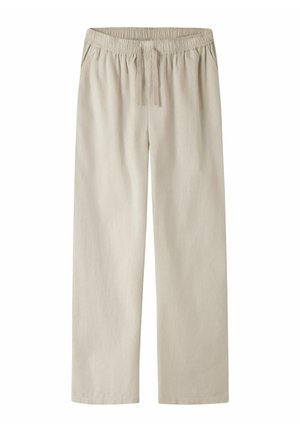 Beige bukser med vide ben, elastisk midje, snorstramming og en glatt, lett stofftekstur.