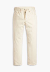 Crème-kleurige denim jeans met rechte cut, metalen knoop, vijf zakken en een rafelige zoom. De stof is lichtgewicht en gestructureerd.
