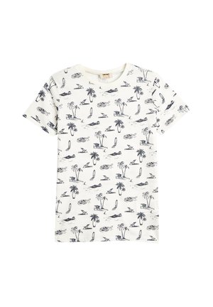 Weißes Baumwoll-T-Shirt mit einem wiederholten Druck von Palmen, Surfbrettern und Wellen in Marineblau, Rundhalsausschnitt und kurzen Ärmeln.