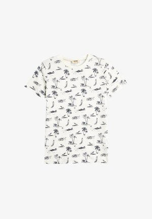 Witte katoenen t-shirt met een herhaald ontwerp van palmbomen, surfplanken en golven in marineblauw, met een ronde halslijn en korte mouwen.