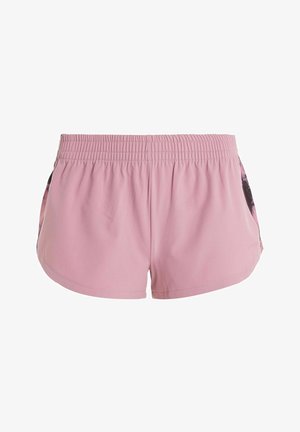 Shorts de sport rose clair avec ceinture élastique, présentant des panneaux latéraux noirs avec un motif discret. Tissu à séchage rapide ; texture lisse.
