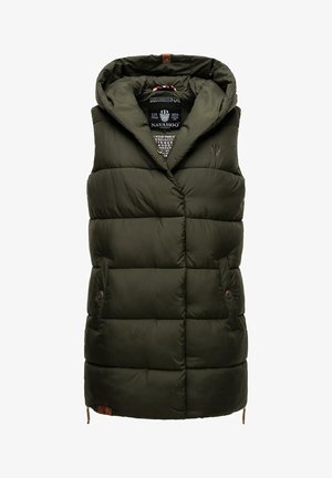 Olivgrüne Pufferweste mit Kapuze, horizontal gestepptem Design, zwei seitlichen Taschen und Logo-Detail auf der oberen linken Seite.