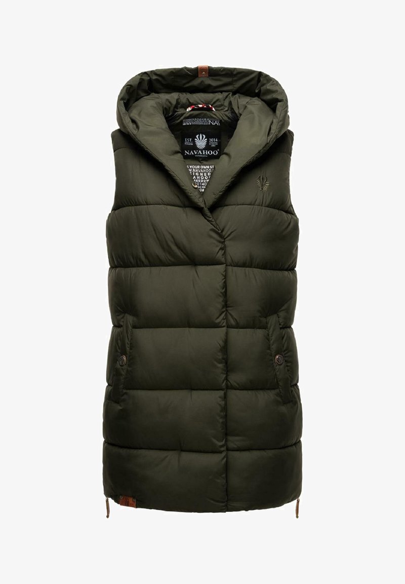 Olive green puffer vest with a hood, horizontal quilted design, two side pockets, and logo detail on the upper left.
