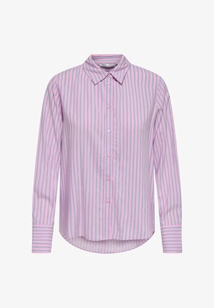 Long-sleeve shirt in pink with blue vertical stripes. Features a classic collar and button front; curved hem below the waist. Soft fabric texture.