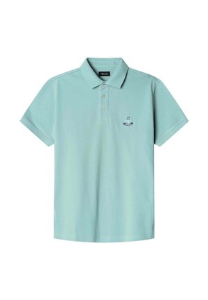 Light teal polo shirt made of cotton, featuring a three-button placket, short sleeves, and a small embroidered logo on the chest.