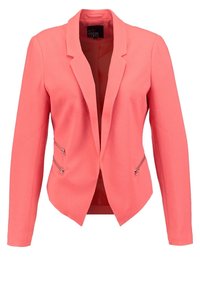 Blazer corallo con design strutturato, texture morbida e revers a punta. Presenta tasche con zip su ciascun lato.