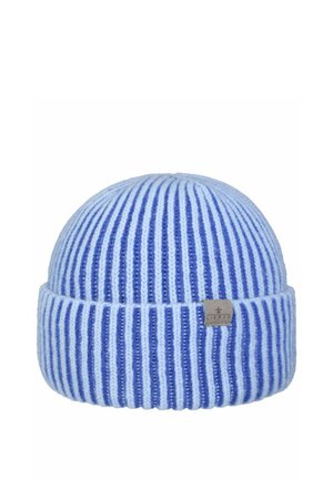Blue and light blue ribbed knit beanie with folded brim and a small metal tag labeled “Lierys” attached to the front.