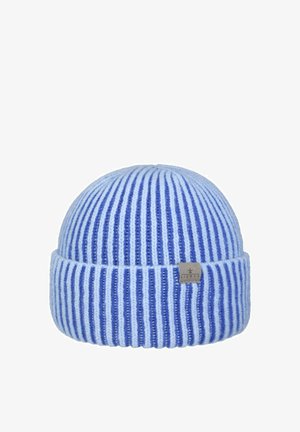 Blue and light blue ribbed knit beanie with folded brim and a small metal tag labeled “Lierys” attached to the front.
