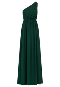 Ein einseitig trägerloses, bodenlanges Kleid aus dunkelgrünem Stoff; es hat eine geschlungene Textur und eine geraffte Taille für eine lockere Passform.