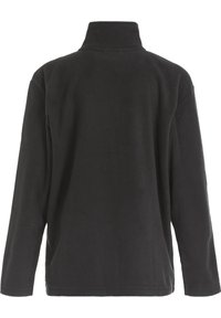 Zwarte fleece pullover met een hoge nek, lange mouwen en een zachte, gestructureerde afwerking. Heeft een rechte zoom zonder zichtbare hardware of patronen.