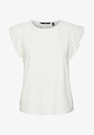 Valge puuvillane topp lühikeste volangvarrukatega, millel on tekstureeritud silmadega kangas ja ümar kaelus. Kerge ja mugava lõikega.