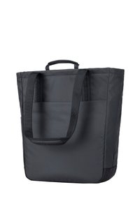 Sac en toile noir avec deux longues anses, de forme rectangulaire et à base plate ; il dispose d'une poche latérale et d'une texture lisse.