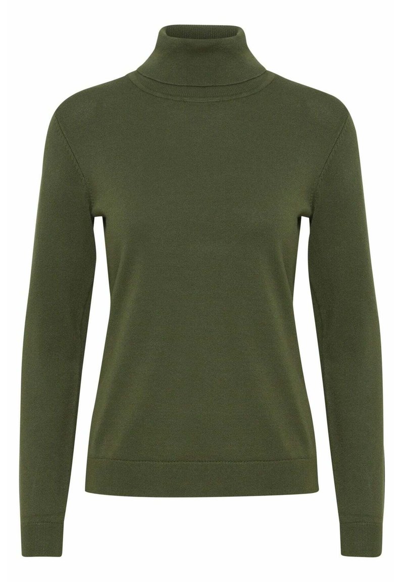 Maglione verde a maniche lunghe con collo alto, dal design aderente, morbido al tatto e con dettagli a coste sul collo e sui polsini.
