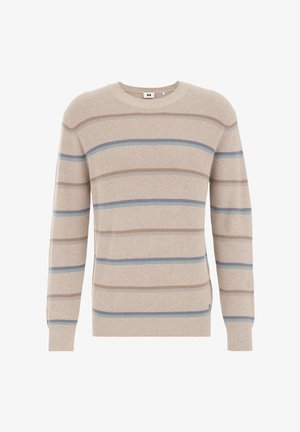 Beige striktrøje med vandrette striber i lys blå og brun. Har en rund halsudskæring og ribbede manchetter. Struktureret stof.