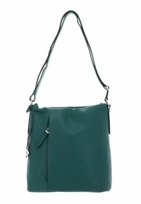 Sac en cuir teal avec une finition texturée, une seule sangle ajustable et un détail de poche zippée à l'avant.