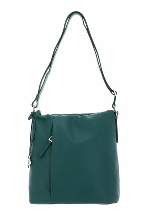 Sac en cuir teal avec une finition texturée, une seule sangle ajustable et un détail de poche zippée à l'avant.