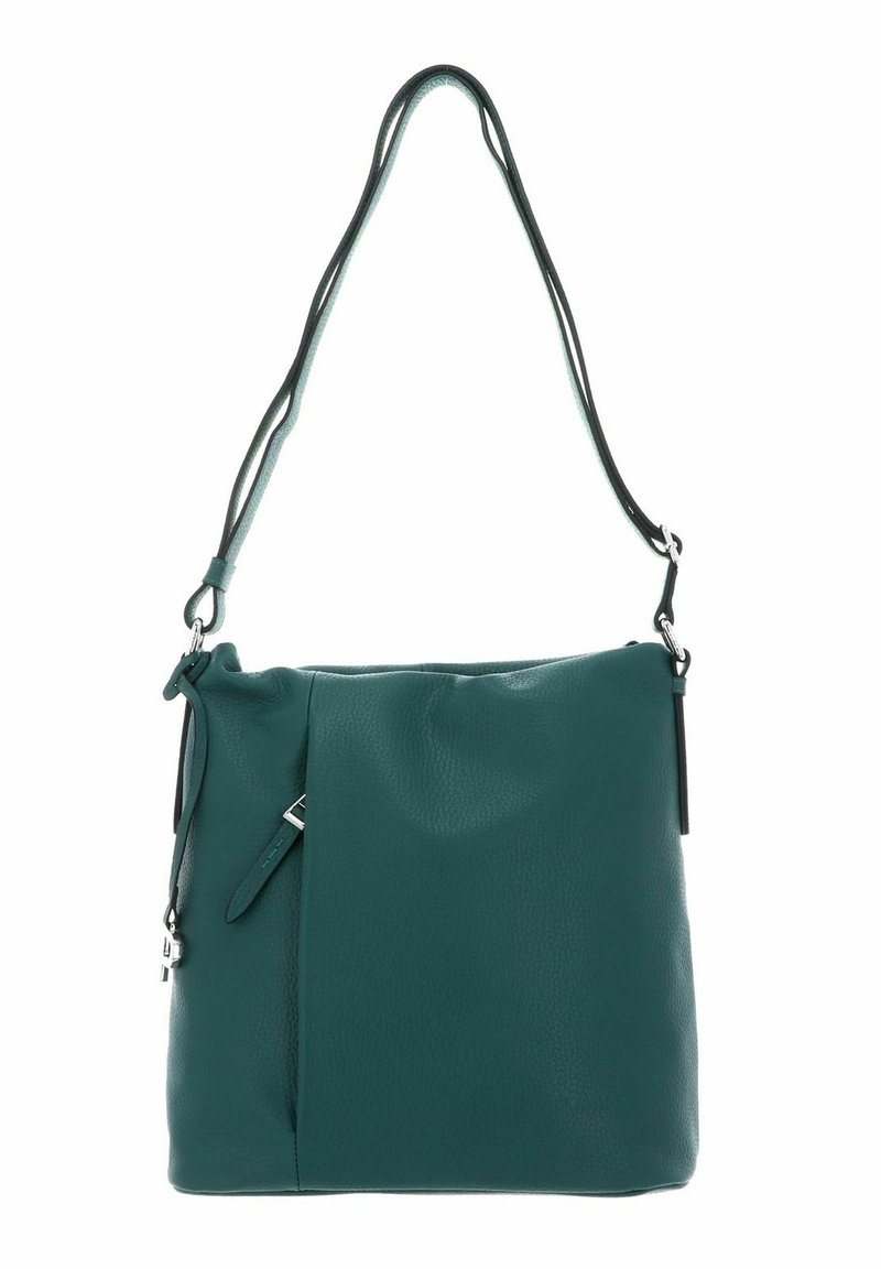 Sac en cuir teal avec une finition texturée, une seule sangle ajustable et un détail de poche zippée à l'avant.