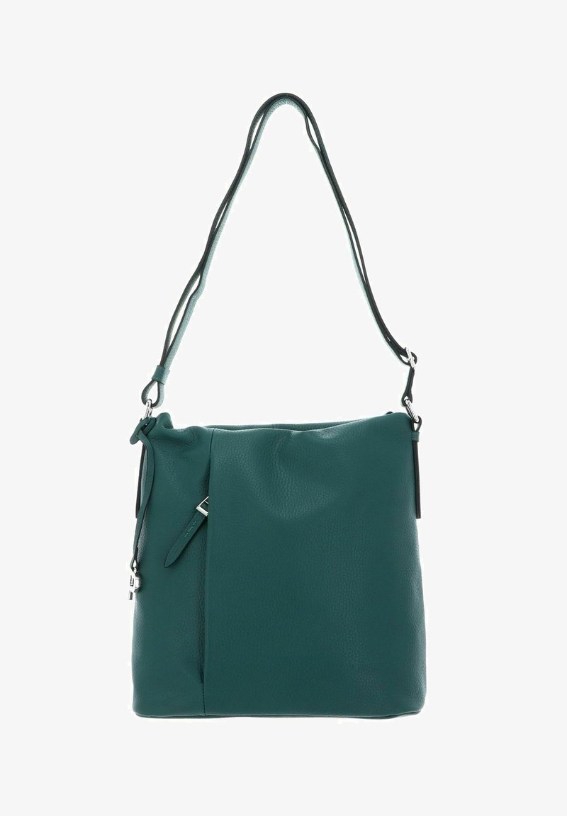 Sac en cuir teal avec une finition texturée, une seule sangle ajustable et un détail de poche zippée à l'avant.