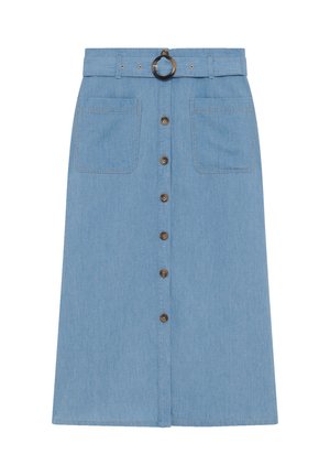 Hellblaue Denim-Rock mit hoher Taille, einem Gürtel mit runder Schnalle, vorderem Knopfverschluss und zwei aufgesetzten Taschen.