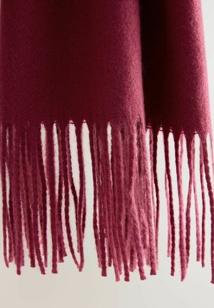 Burgundy fringed scarf made from soft material, featuring cut fringes along the bottom for texture and visual interest.