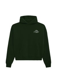 Felpa verde scuro con tasca frontale e piccolo testo bianco "Proibito 10119 Berlino" e design di foglia sul lato sinistro del petto.