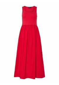 Sarkans bez piedurknēm maksi kleita ar pieguļošu krūšu daļu un krunkotu svārku. Izgatavota no maiga auduma, tai ir kvadrāta izgriezums un plūstoša silueta.