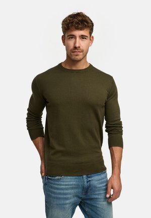 Mand med kort krøllet hår iført en olivengrøn rundhalset sweater og blå jeans, stående med den ene hånd i lommen foran en hvid baggrund.