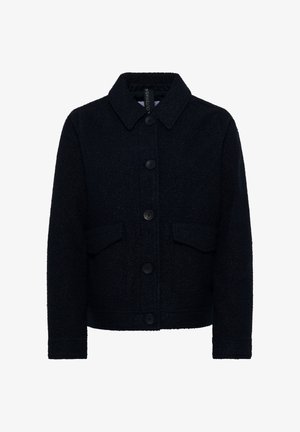 Schwarze, strukturierte Wolljacke mit spitzem Kragen, Frontknöpfen und zwei Klappentaschen auf der Vorderseite.