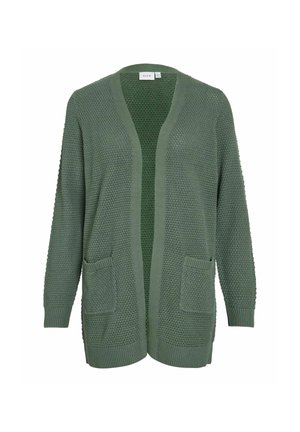 Grüne Strickjacke mit strukturiertem Muster, offener Front und zwei vorderen Taschen. Lange Ärmel mit gerippten Bündchen und Saum.