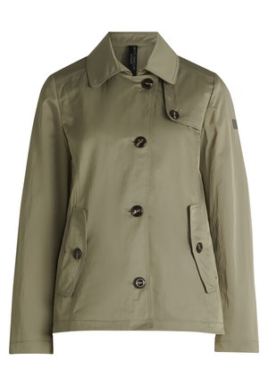 Lys olivengrøn, vandafvisende jakke med en glat tekstur, med krave, fire knapper foran og to sidelommer.