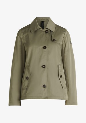 Jasna oliwkowozielona, wodoodporna kurtka o gładkiej fakturze, z kołnierzem, czterema przednimi guzikami oraz dwoma kieszeniami po bokach.