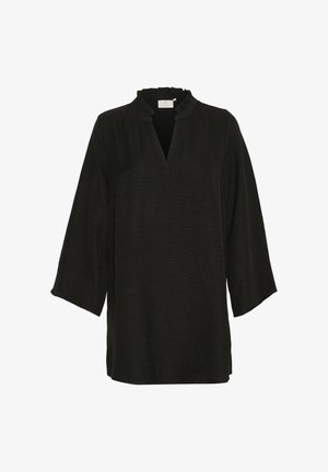 Sort tunika med ribbet overflade, V-udskæring og 3/4-ærmer. Har en bølget krave og en afslappet pasform.