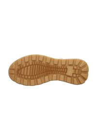 Gummisohle in Braun mit strukturiertem Oberflächen. Verfügt über tiefe Rillen und erhabene Bereiche für Halt und Traktion.