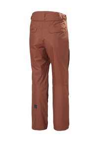 Bruine waterdichte broek met een gladde textuur, een hoge tailleband en twee achterzakken. Heeft een label aan de onderkant aan de linkerzijde.