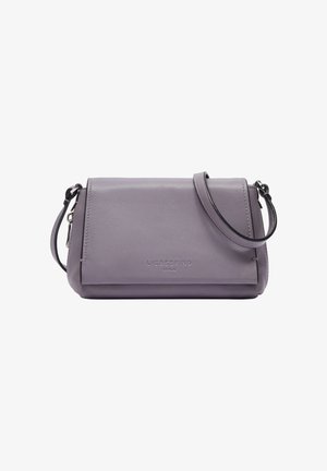 Purple leather crossbody bag with a sleek design, adjustable strap, and embossed logo detail on the front. Smooth texture and minimalist shape.