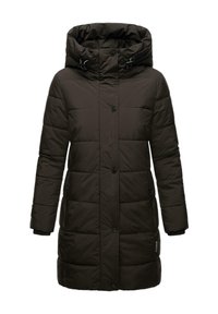 Padded black coat with a hood, featuring a quilted design, front buttons, and side pockets. Material appears smooth with a slight sheen.