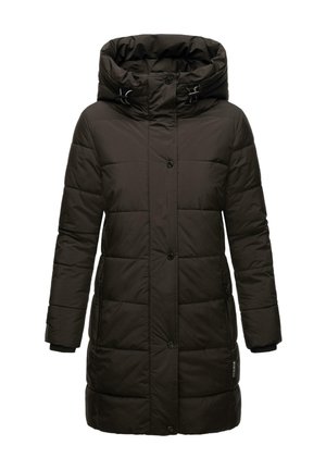 Manteau noir matelassé avec capuche, présentant un design piqué, des boutons à l'avant et des poches latérales. Le matériau semble lisse avec un léger éclat.