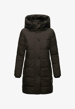 Manteau noir matelassé avec capuche, présentant un design piqué, des boutons à l'avant et des poches latérales. Le matériau semble lisse avec un léger éclat.