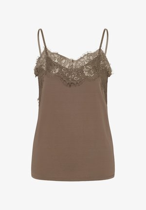 Ruda be rankovių kamšamos palaidinė su plonomis petnešomis ir nėriniu aptrauktomis iškirptėmis.