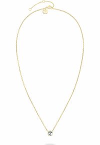Guldkæde med en enkelt klar cubic zirconia vedhæng, der har et delikat linkmønster og en sikker lukning med et logo charms.