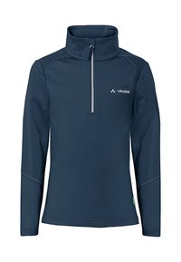 Pull à manches longues bleu marine, en tissu lisse et extensible, avec un demi-zip, un col montant et un petit logo de marque sur la poitrine.