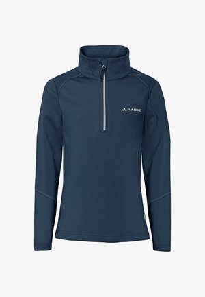 Marineblauwe, languig pullover gemaakt van gladde, rekbare stof, met een halve rits, hoge halslijn en een klein merklogo op de borst.