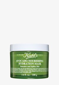 Grünes Glasgefäß der Avocado Nourishing Hydration Mask von Kiehl's mit einem weißen Deckel, versehen mit Produktname und Volumen. Glatte Textur, 100 ml.