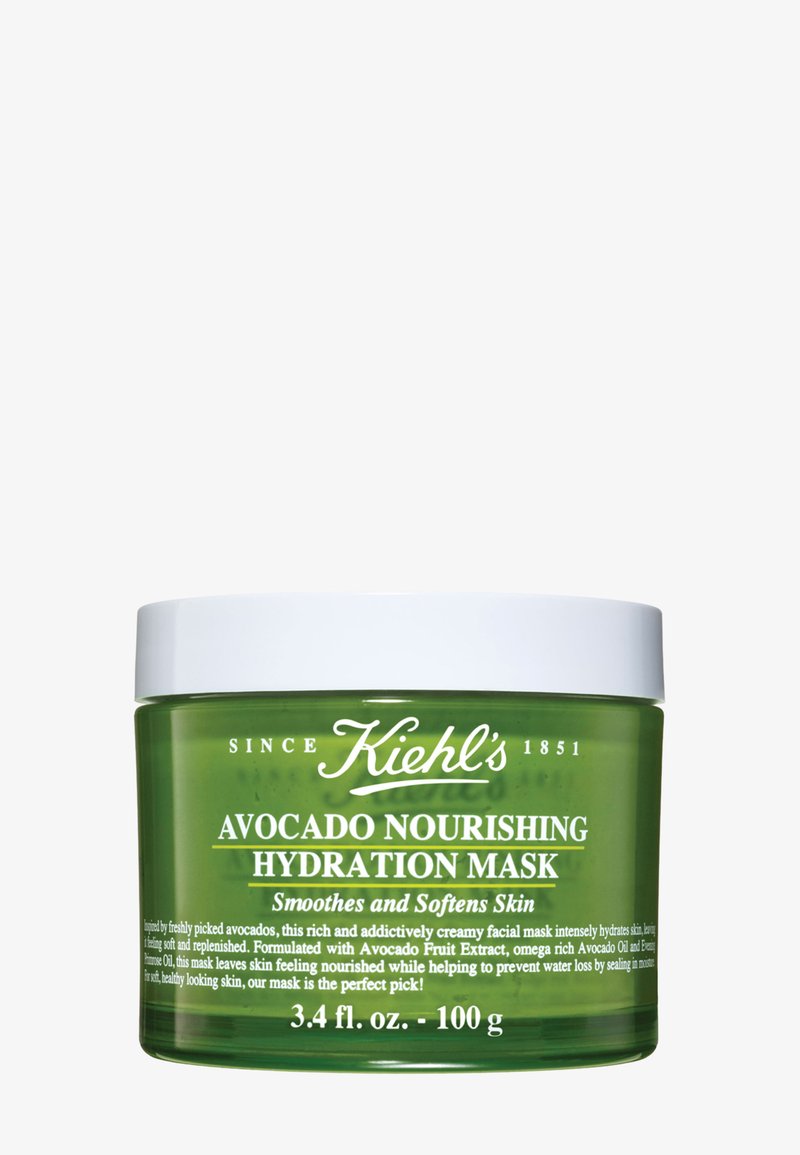 Grünes Glasgefäß der Avocado Nourishing Hydration Mask von Kiehl's mit einem weißen Deckel, versehen mit Produktname und Volumen. Glatte Textur, 100 ml.