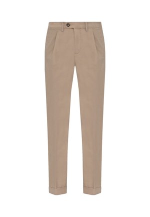 Chino beige con design a gamba dritta, due pieghe frontali, zip con chiusura a bottone e orli arrotolati. Tessuto di cotone liscio.