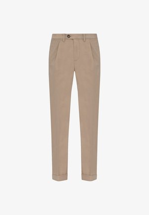 Beige chino's met een rechte pijp, twee voorplooien, een ritssluiting met knoopsluiting en opgerolde manchetten. Zachte katoenen stof.